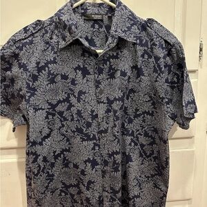 Hawaiian  Shirt Mens Size Large Navy Floral Print Murano  Liquid Luxury